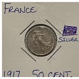 Silver 1917 France 50 Centimes