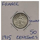 Silver 1915 France 50 Centimes