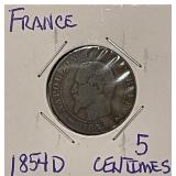 1854D France 5 Centimes - Lyon Mint