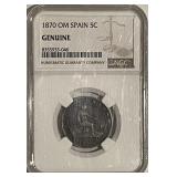Cert. Genuine 1870om Spain 5 Centesimi