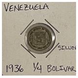 Silver 1936 Venezuela 1/4 Bolivar