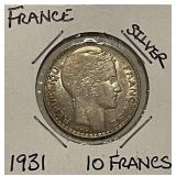 Silver 1931 France 10 Francs