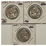 (3) 1946D,47D,48D Jefferson Nickels