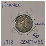 Silver 1918 France 50 Centimes