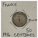 Silver 1916 France 50 Centimes