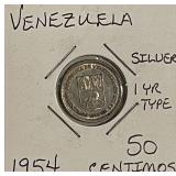 Silver 1954 Venezuela 50 Centimos