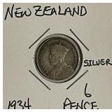 Silver 1934 N.Z. 6 Pence