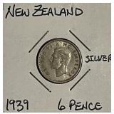 Silver 1939 N.Z. 6 Pence