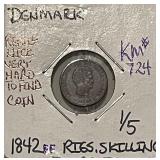 1842 Denmark 1/5 Skilling Really nice