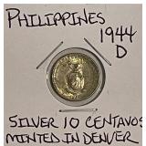Silver 1944D Philippines 10 Centavos