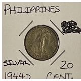Silver 1944D Philippines 20 Centavos