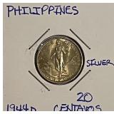 Silver 1944D Philippines 20 Centavos