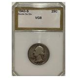 Cert. Double Die Obverse VG8 1943S 25c