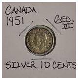 Silver 1951 Canada 10 Cents