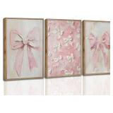 3pc Framed 3D Textured Pink Bow Canvas Wall Art