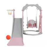3-in-1 Kids Slide & Swing Set, Pink/Gray