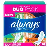 74ct Always Ultra Thin Pads Duo Pack