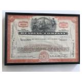 Framed Reading Company Stock Certificate