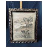 Asian print in metal ornate frame