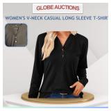 WOMEN'S V-NECK CASUAL LONG SLEEVE T-SHIRT(L)