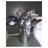 Stainless utensil holder with utensils