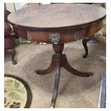 Round Vintage Wooden Side Table w Drawer AS IS
