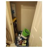 Closet lot of misc mops dusters basket and more