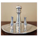 Metal tray salt and pepper shaker and grinder
