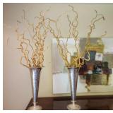 Pair of large hammered metal vases & faux plants
