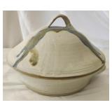 Pottery bowl with lid signed by potter on the