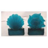 2 blue glass candle holders