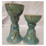 2 blue pottery candle holders