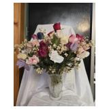 Etched glass vase with faux flowers