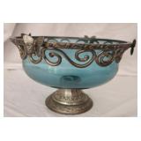 Large decorative glass bowl with metal accents