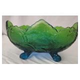 Glass footed bowl painted green and blue