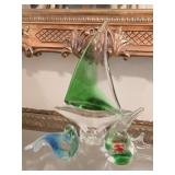 Lot of 3 Decorative Glass Fish Seal & Sailboat