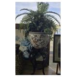 Large planter with stand and faux plant