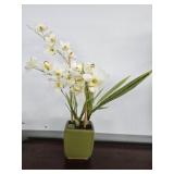 Green Ceramic Planter & Faux Orchid