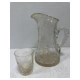 Vintage etched glass pitcher and glass