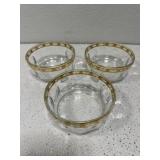 3 gold rimmed bowls from Arcoroc France