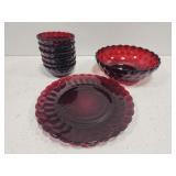 8 cranberry color bowls and plates