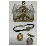Vintage glass jewelry box with costume jewelry