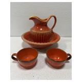 Ceramic wash bin and 2 tea cups