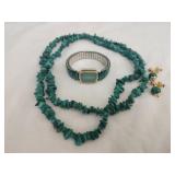 Malachite stone watch necklace and earrings