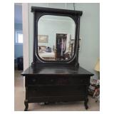Antique Dark Wood Beveled Mirror Dresser