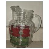 Vintage Red Floral Glass Pitcher