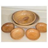 Lot of 6 Primitive Wooden Bowls & 1 Wooden Spoon