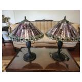 Pair of purple and green stain glass lamps