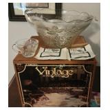 Vintage glass punch bowl with ladle & 12 cups