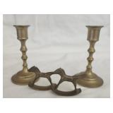 Pair of brass candle holders and decorative horses